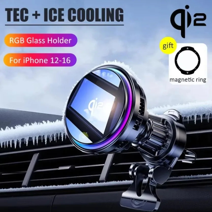 Magnetic Wireless Car Charger Phone Holder QI2 Ice Cooling RGB Tempered Glass Fast Charging Radiator For Magsafe iPhone 12-16