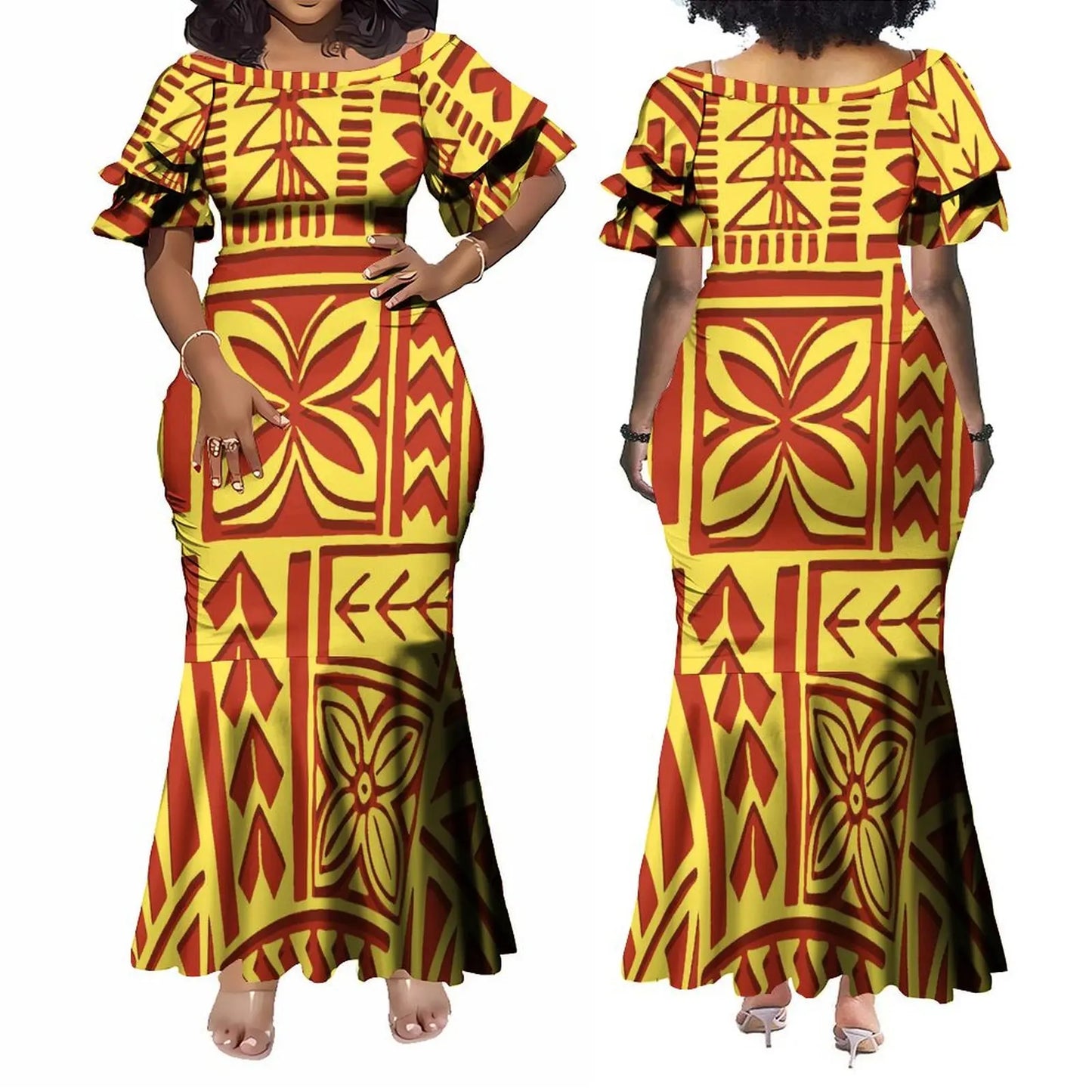 Custom Polynesian Tribal Couple Set Samoan Women'S Temperament Slim Dress Women'S Mermaid Maxi Skirt Men'S Shirt