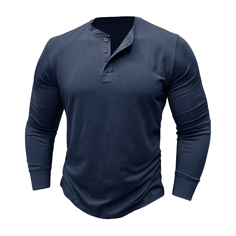 SHiONFA Spring Men's Long Sleeved T-shirt Casual Soft Cotton Base Shirt Placket Front Button Solid Color Pullover