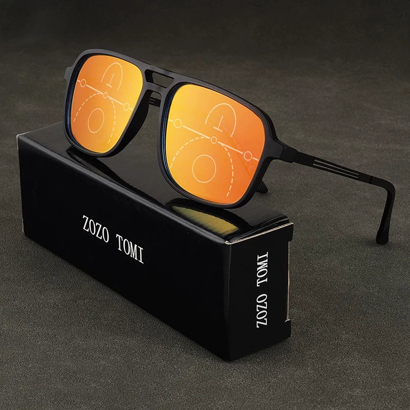 Progressive Multifocal Reading Glasses Intelligent Zoom Anti Blue Light Eyewear Alloy Temples Square Clear/Red Coating Glasses