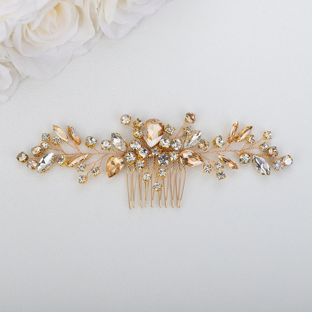 Crystal Flower Bride Hair Accessories Red Wedding Head Jewelry Blue Rhinestone Headdresses Women Hair Comb 9 Colors Headpieces