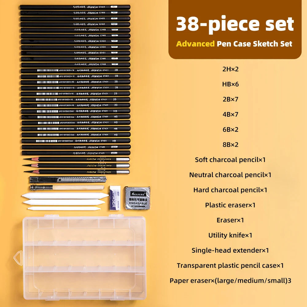 Sketching Pen Set Drawing Kit Student Portable Pen Curtain Charcoal Pencil Sketch Pencil Charcoal Stick Sharpener Eraser Set Box