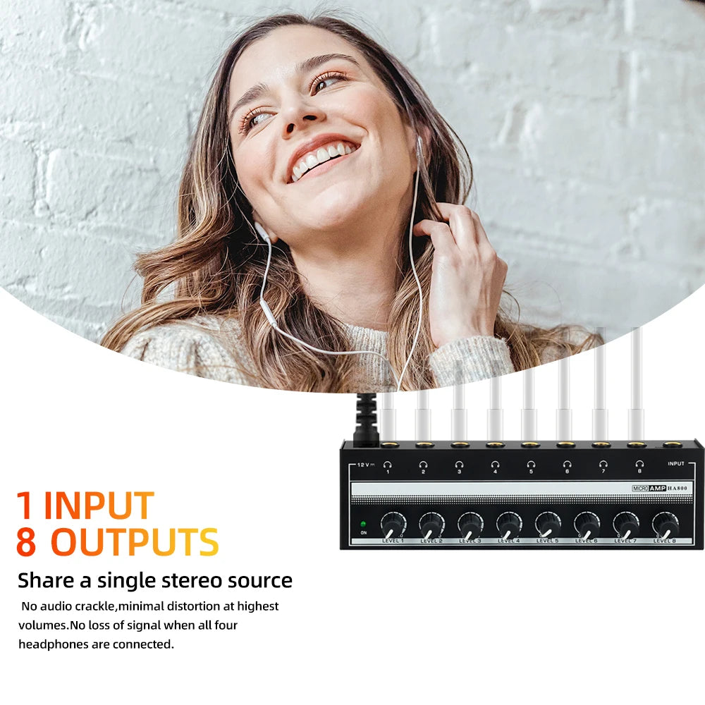 Headphone Amplifier 8 Channels Stereo Audio Amplifier AMP Ultra-Compact Portable Mini Amplifier with Rotary Button 6.35mm Jack