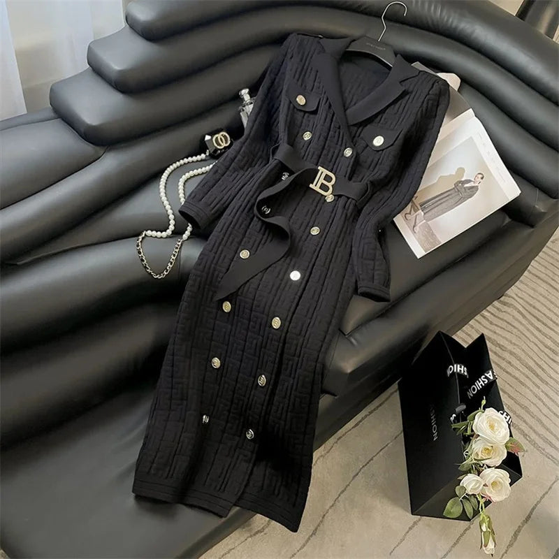 2025 Autumn Winter High-Grade Suit Collar Knitted Dress Women Fashion Double-Breasted Middle Long Over-The-Knee Sweater Vestidos