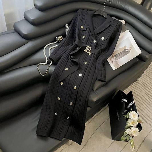 2025 Autumn Winter High-Grade Suit Collar Knitted Dress Women Fashion Double-Breasted Middle Long Over-The-Knee Sweater Vestidos