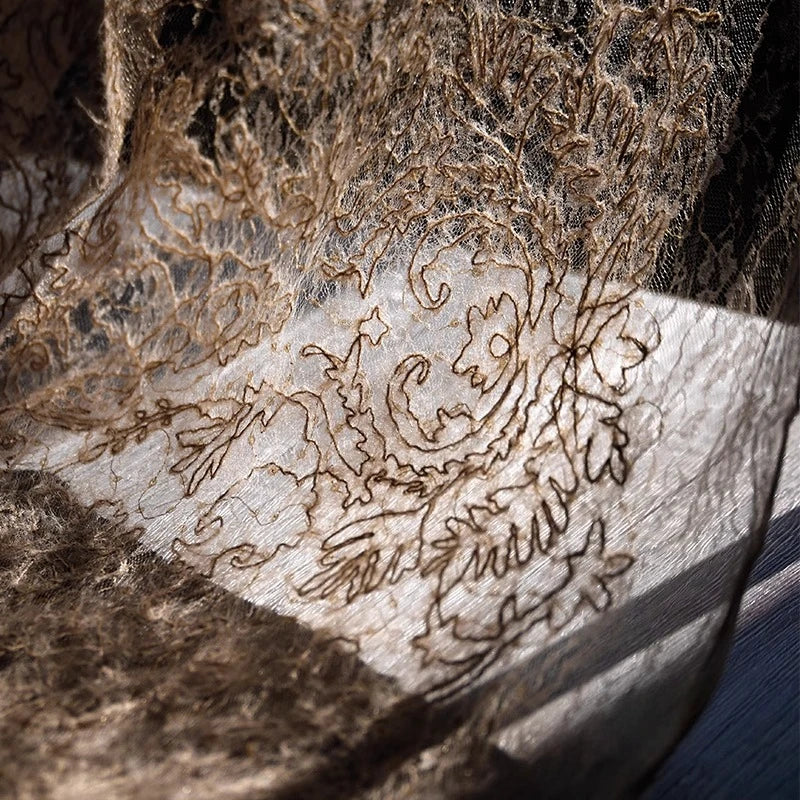 Vintage Brown Sheer Mesh Jacquard Fabric with Fringe Sequins Textured Hanfu Dress Coat Material Designer Clothing Luxury Fashion