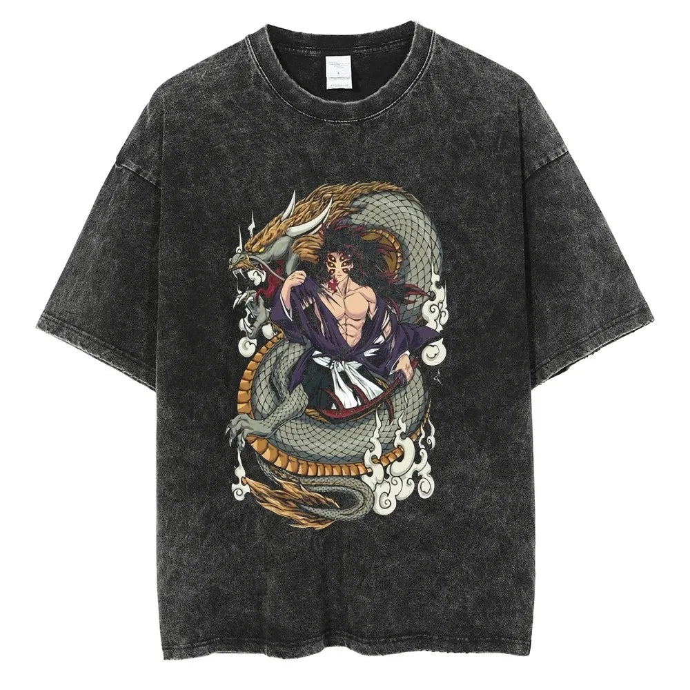 Hot Anime Demon Slayer Kokushibo Graphic T-Shirt Men Women Manga Tshirts Washed Cotton T Shirt Harajuku Unisex Vintage Top Tees