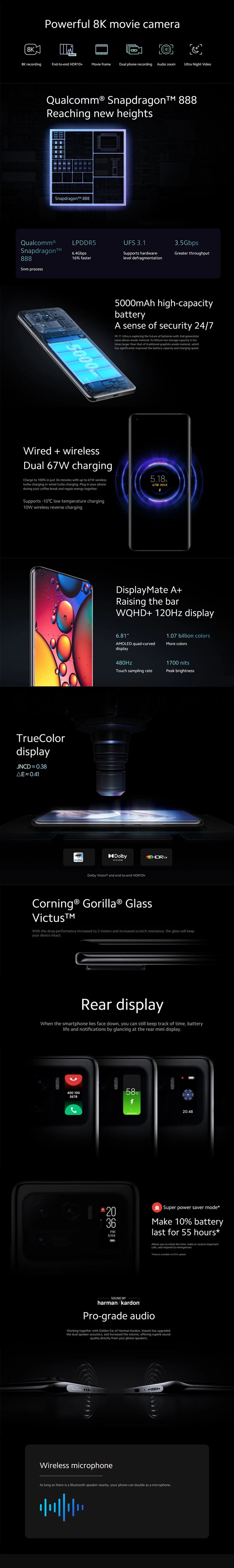 Xiaomi Mi 11 Ultra Smartphone 5G 5000mAh Battery Snapdragon 888 Octa-core 50MP Camera Global firmware 6.81” Display  used phone