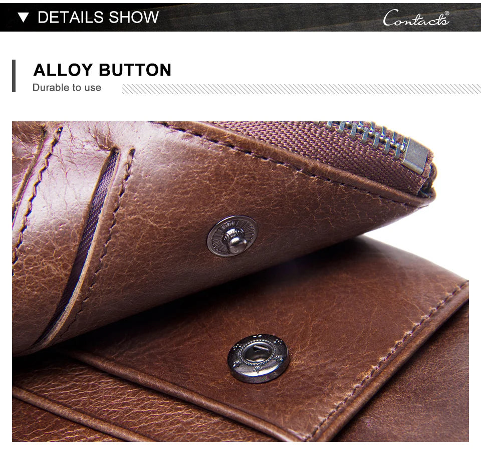 CONTACT'S Genuine Leather Men Wallet Vintage Trifold Hasp Wallet Zipper Coin Purse Card Holder Money Clip Men's Wallets