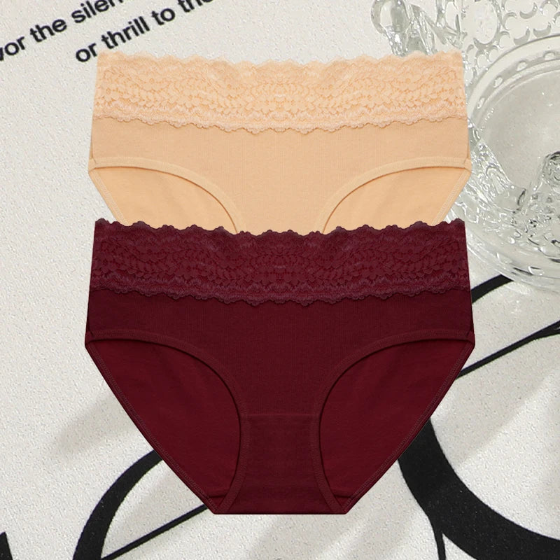 FINETOO 2Pcs Women Cotton Seamless Underwear Sexy Lace Waist Patchwork Panties Female Solid Briefs Plus size Breathable Lingerie