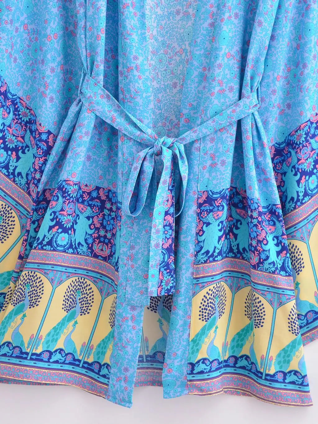 BOHO Women Blue With Pink Flower Print Kimono Shirt Holiday Tide Bow Sashes Mid Long Cardigan Summer Blouse Beach Cape