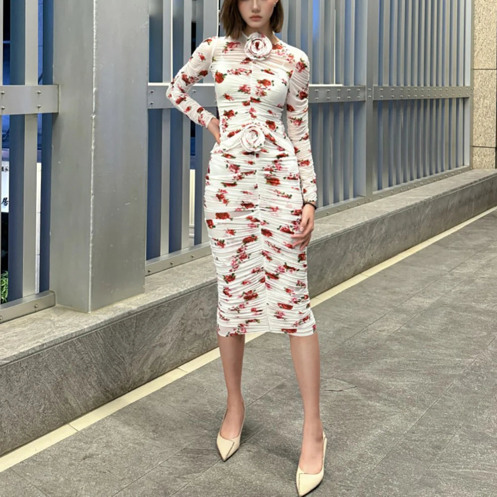 Handmade Floral Women's T Shirt Y2k Pleated Slim Temperament Elegant Round Neck Long Sleeve Blouse 2025 Early Spring New