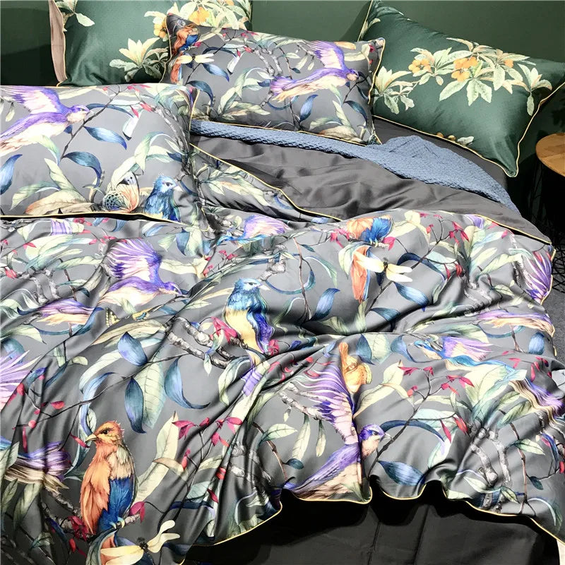 Egyptian Cotton Flower Bird Digital Printing Bedding Sets, Bed Linen Duvet Cover Set, Luxury Bed Sheets, Pillowcase, 600TC, 4Pcs
