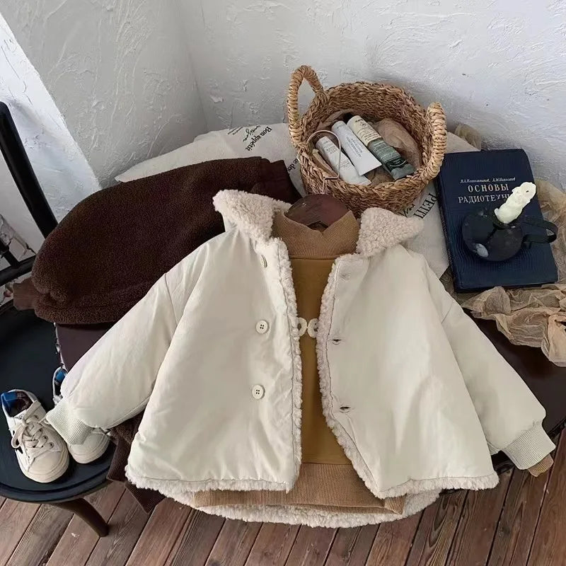 2024 Winter New Baby Warm Lamb Cashmere Hooded Coat Solid Versatile Boys Girls Padded Jacket Plus Velvet Thick Infant Clothes