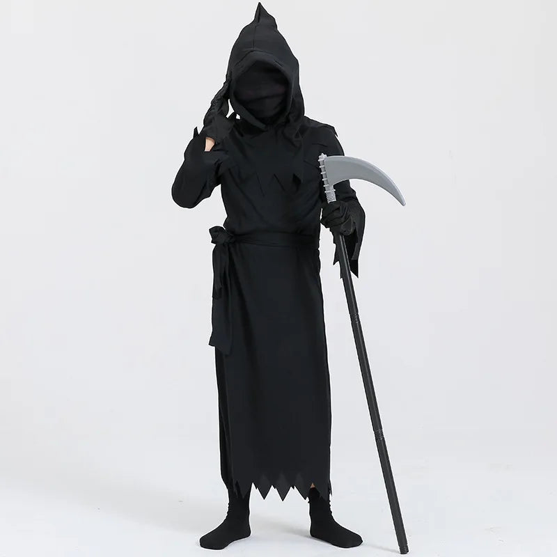 Halloween cosplay costume, Grim Reaper, terrifying skeleton costume, children's glowing red eyes, Grim Reaper ghost robe, sickle