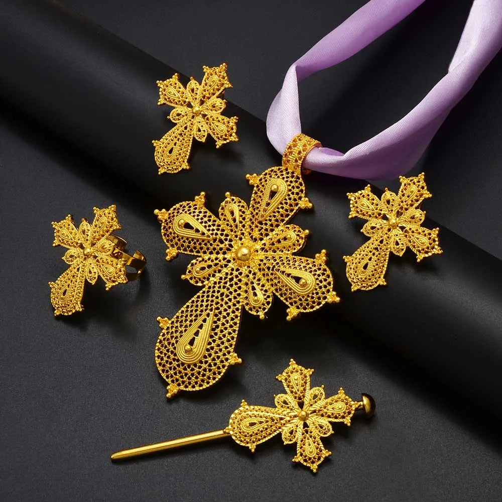Anniyo Ethiopian Cross Jewelry sets Silver/Gold Color Necklaces Earrings Ring Hairpin Eritrean African Ethnic Wedding #313806