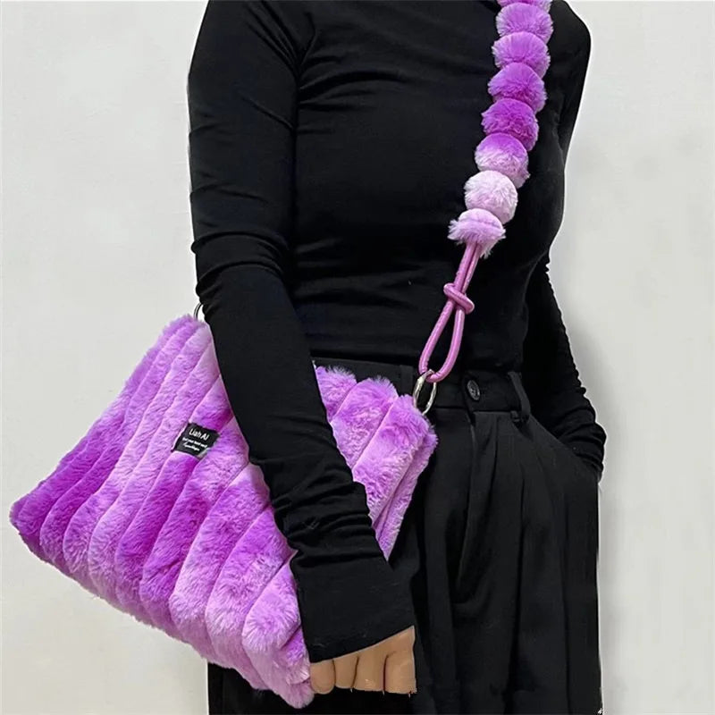 Women's Large Plush Tote Bag with Crossbody/Handheld Carry Soft Striped Plush Exterior Cozy Handbag for, Travel, Everyday Use