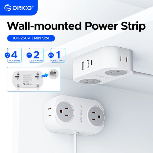 ORICO Travel Power Strip with USB C AC Outlets 3 USB Ports Wrapped Flat Plug Extension Cord with Multiple Outlets for Travel