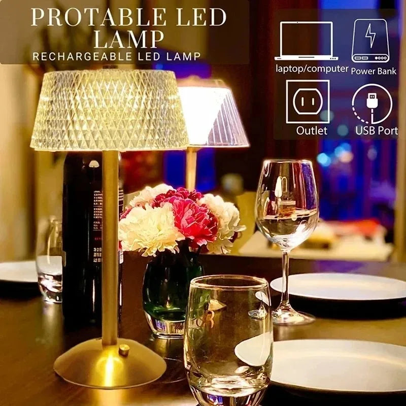 Classic LED Cordless Table Lamp USB Rechargeable Night Light Coffe Bar Touch Dimming Desk Lamp Bedroom Decor Crystal Table Lamps