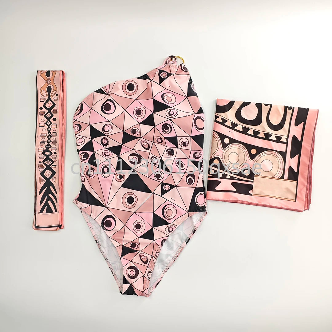 Women's Pink Headband Scarf Swimsuits with Letter Signature Logo Lady Headband Scarf Bikini Sets Beachwear Swimwear