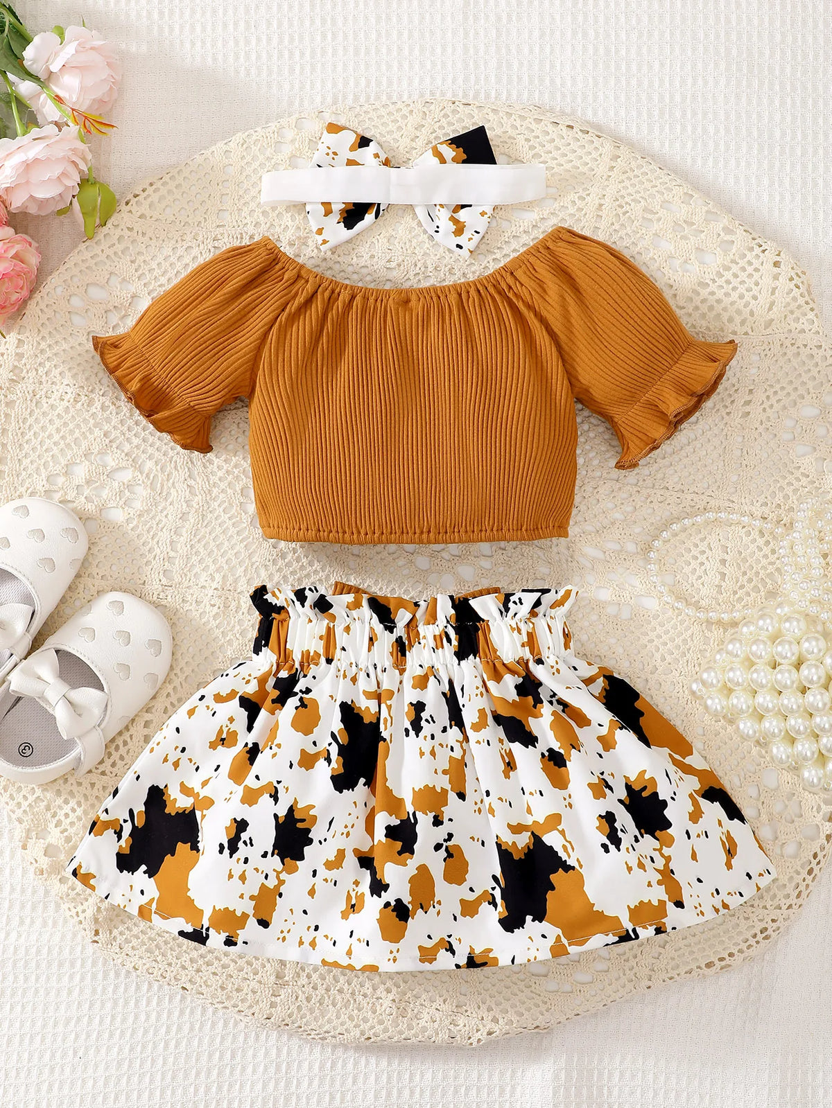Baby Girl Summer Two-Piece Set Cute Casual one Shoulder Buckle Bow Short Skirt Set Headband Two-Piece Set
