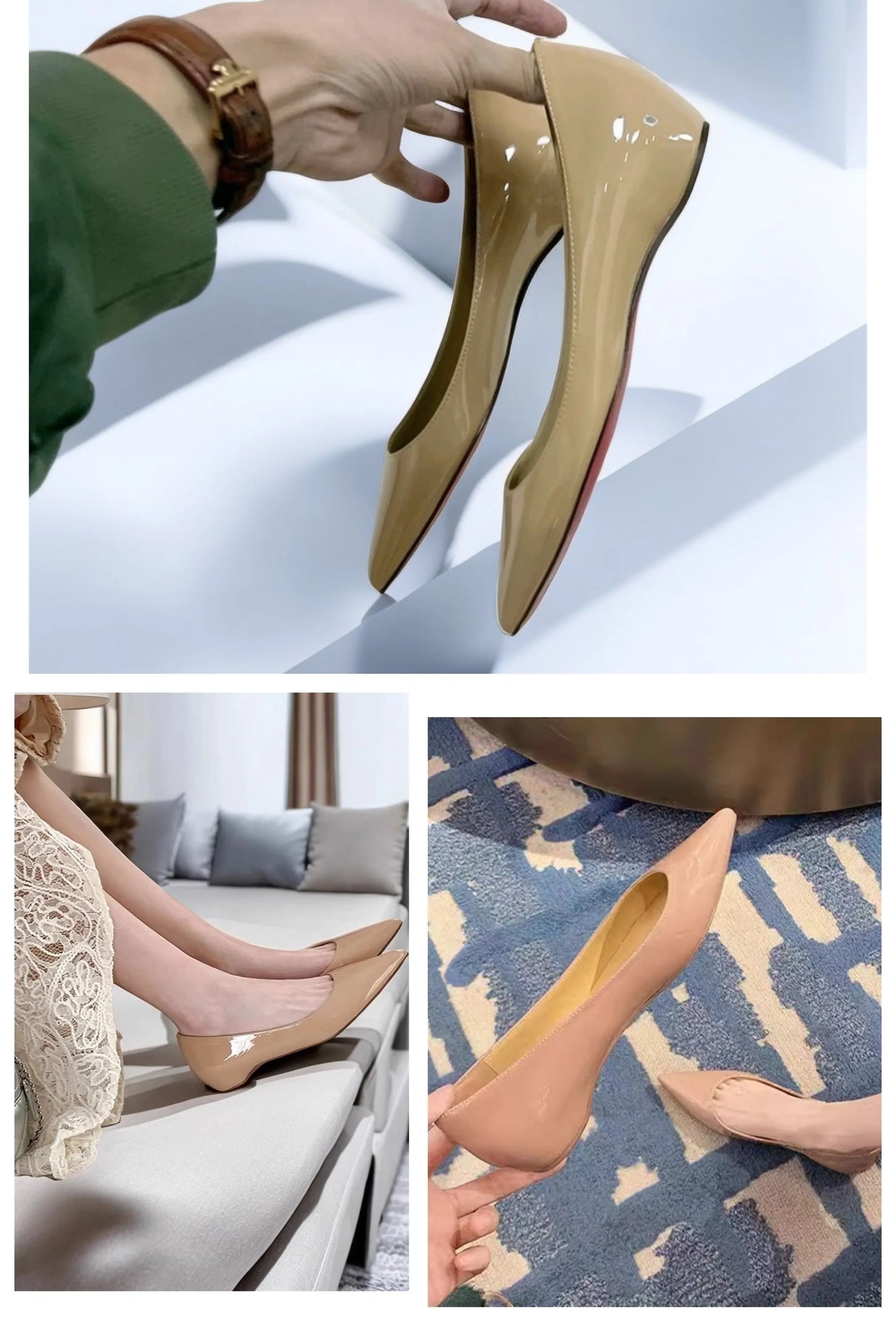 Ladies' pointed, internally raised flat sole single shoe, patent leather solid color versatile casual shallow mouth single shoe