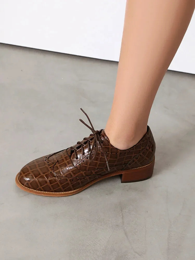 2025 Women Shoes Spring New Fashion Round Toe Lace Up Retro Single Shoe for Office Party Walk Thick Low Heeled big Size 48 775-1