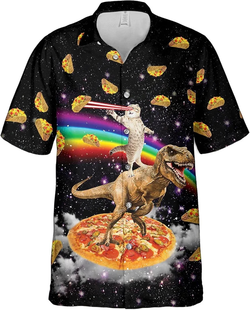 Full Print Funny Cat Dinosaur Pattern Hawaiian Shirts For Men Summer Casual Short Sleeve Button Aloha Shirt Men's Surfing Shirts