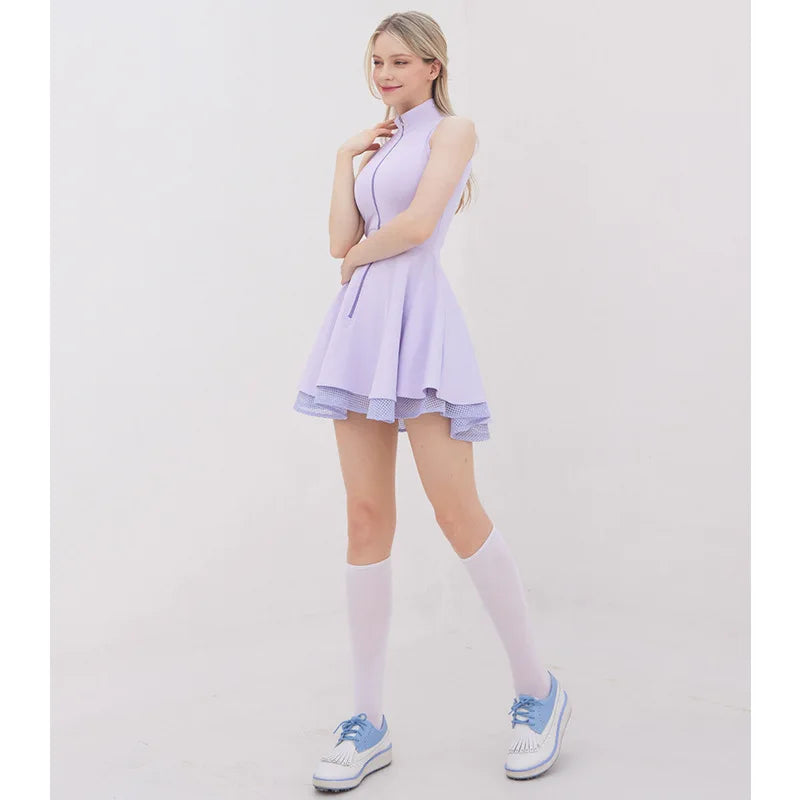 Fashion Tennis Golf Clothing Ladies Sleeveless Lace Sports Dress Quick Dry Half Zip Slim Dresses Woman Girls Sports Jersey Skirt