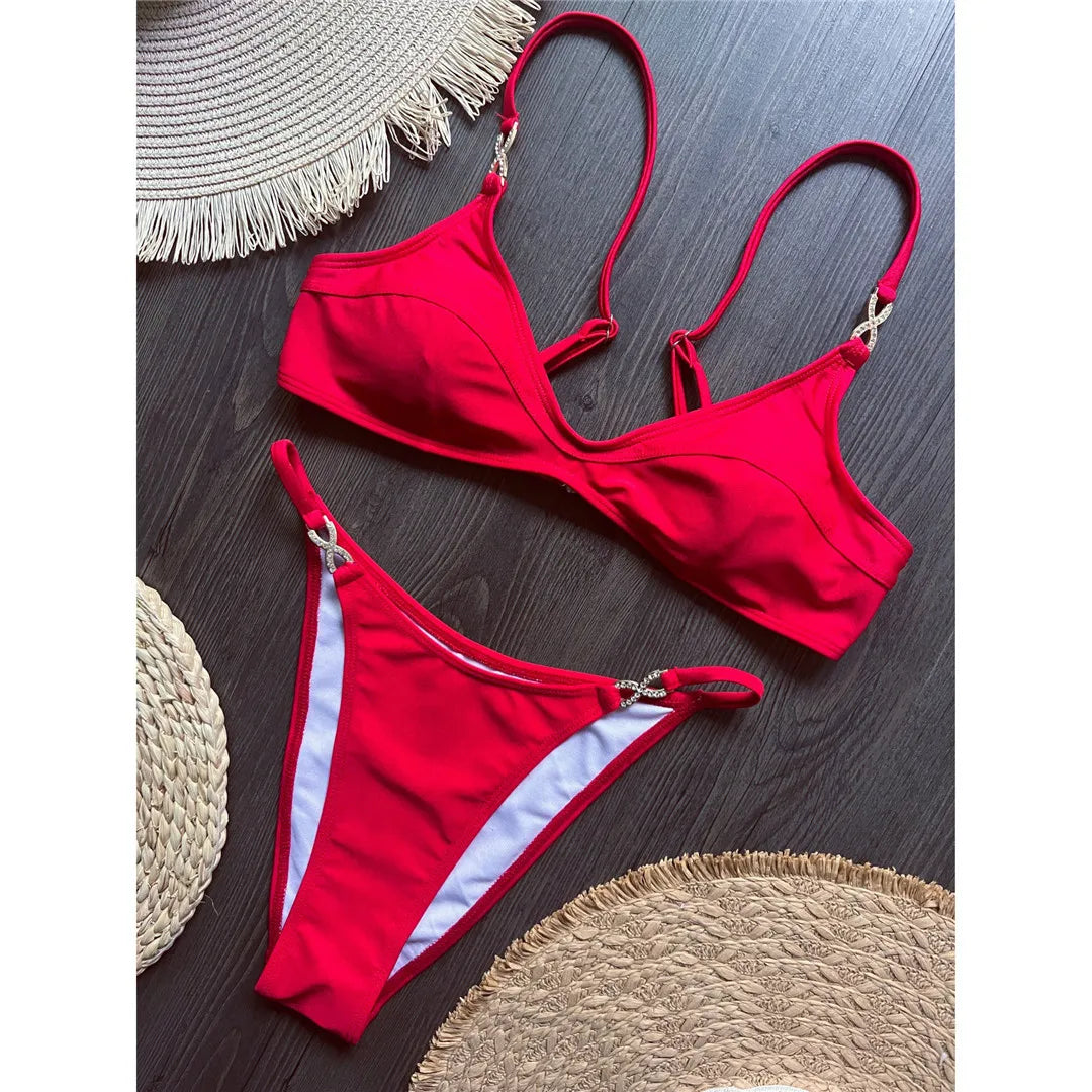 10 Colors V Neck Rhinestones Bikini Female Swimsuit Women Swimwear Two-Pieces Bikini Set Padded Bather Bathing Suit Swim V8138