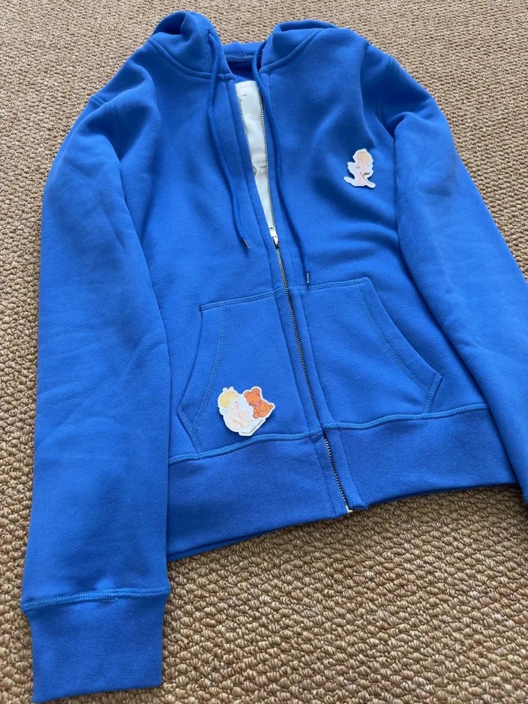 Blue Long Sleeve Zip-up Hoodies Women Autumn Pocket Drawstring Hooded Sweatshirts Preppy Style American Vintage Zipper Outerwear