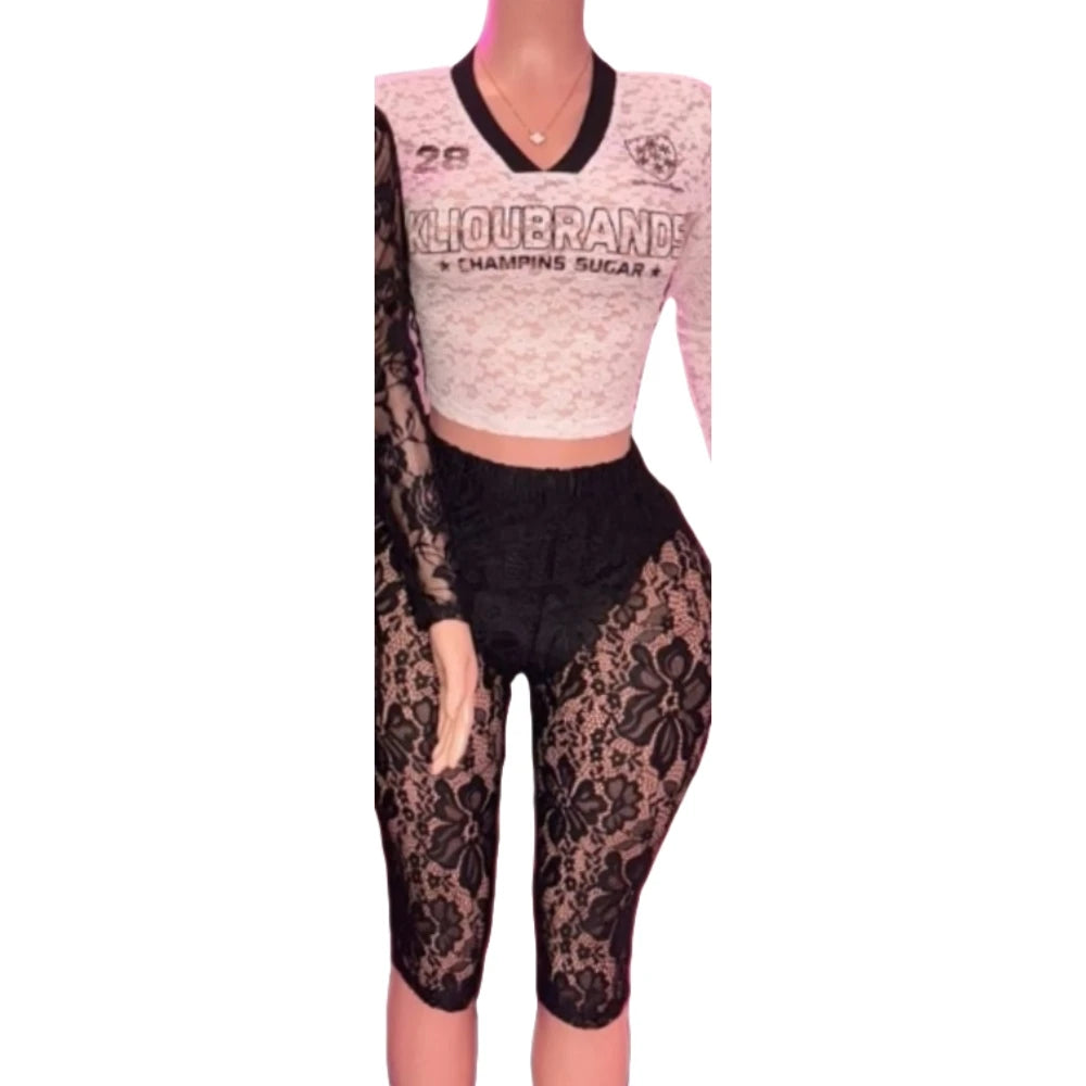 HLJ Y2K Sexy Lace Two Piece Set for Woman Letter Printing See Through Long Sleeve Crop Top + Shorts Suits Female Streetwear New
