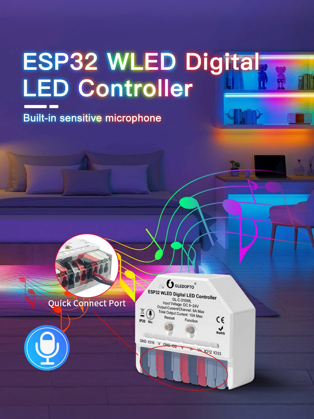 GLEDOPTO ESP32 Mini WLED LED Controller With Mic DIY Music Dynamic Modes Digital WS2811 WS2812 SK6812 TM1814 WS2813 WS2815 Strip