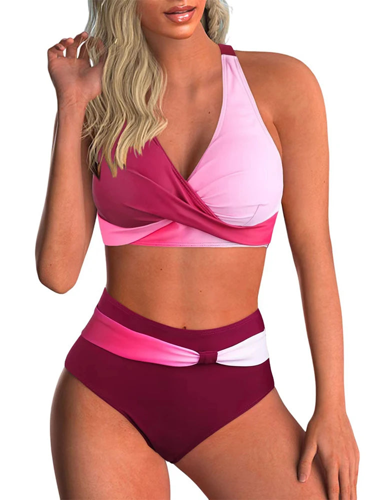 Circyy Print Swimsuit Women Split Swimsuit Contrast Color Striped Dot Bikini Set High Waisted Fashion Beachwear Summer 2025 New