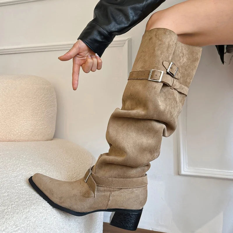 Women's Chelsea Boots 2025 Autumn New Suede High Heel Knee-high Boots Sexy Pointed Designer Elegant Banquet Ladies Gothic Boots