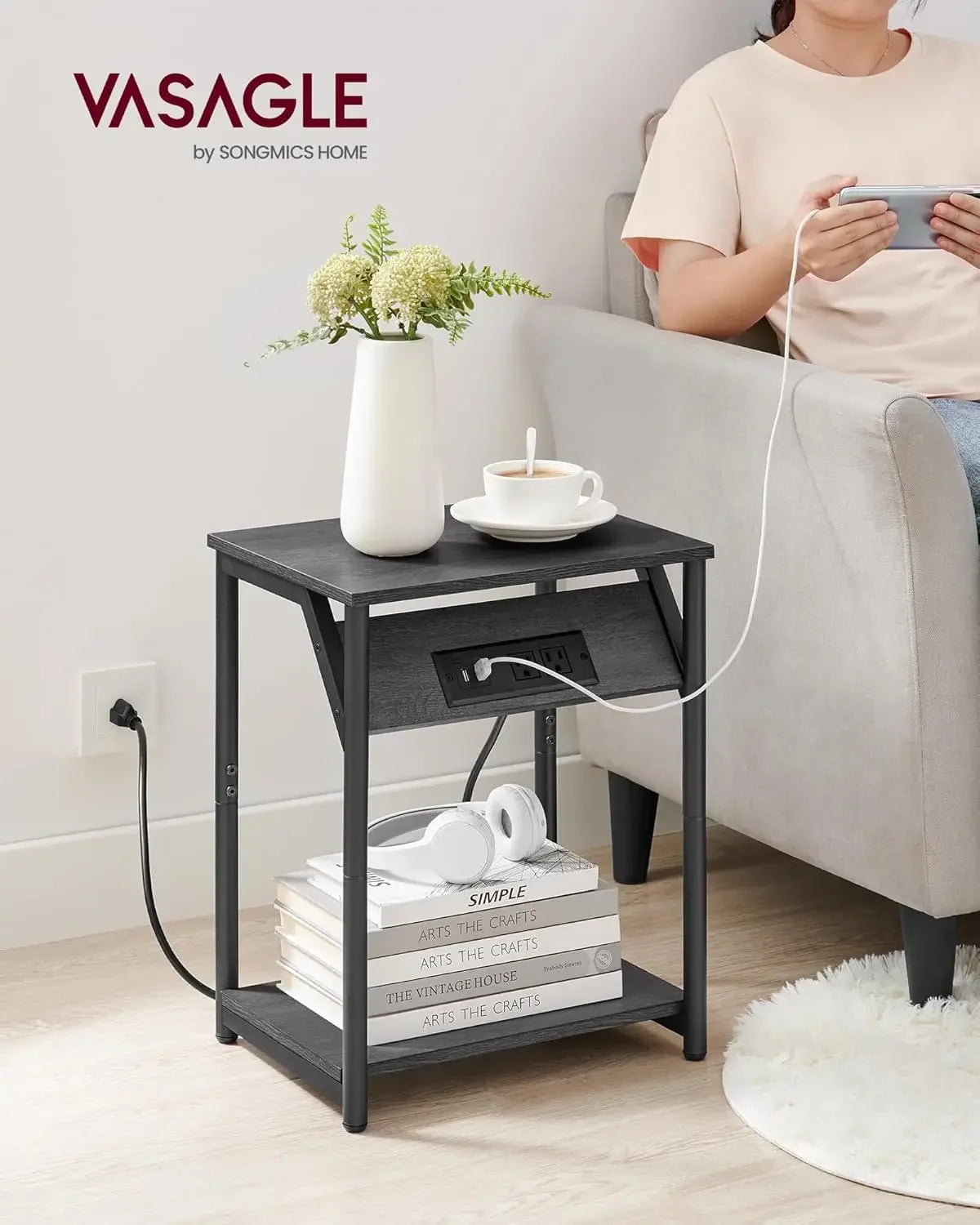 End Table with Charging Station, Set of 2, Small Side Tables for Living Room, Bedroom, Nightstand with Outlets and USB Ports