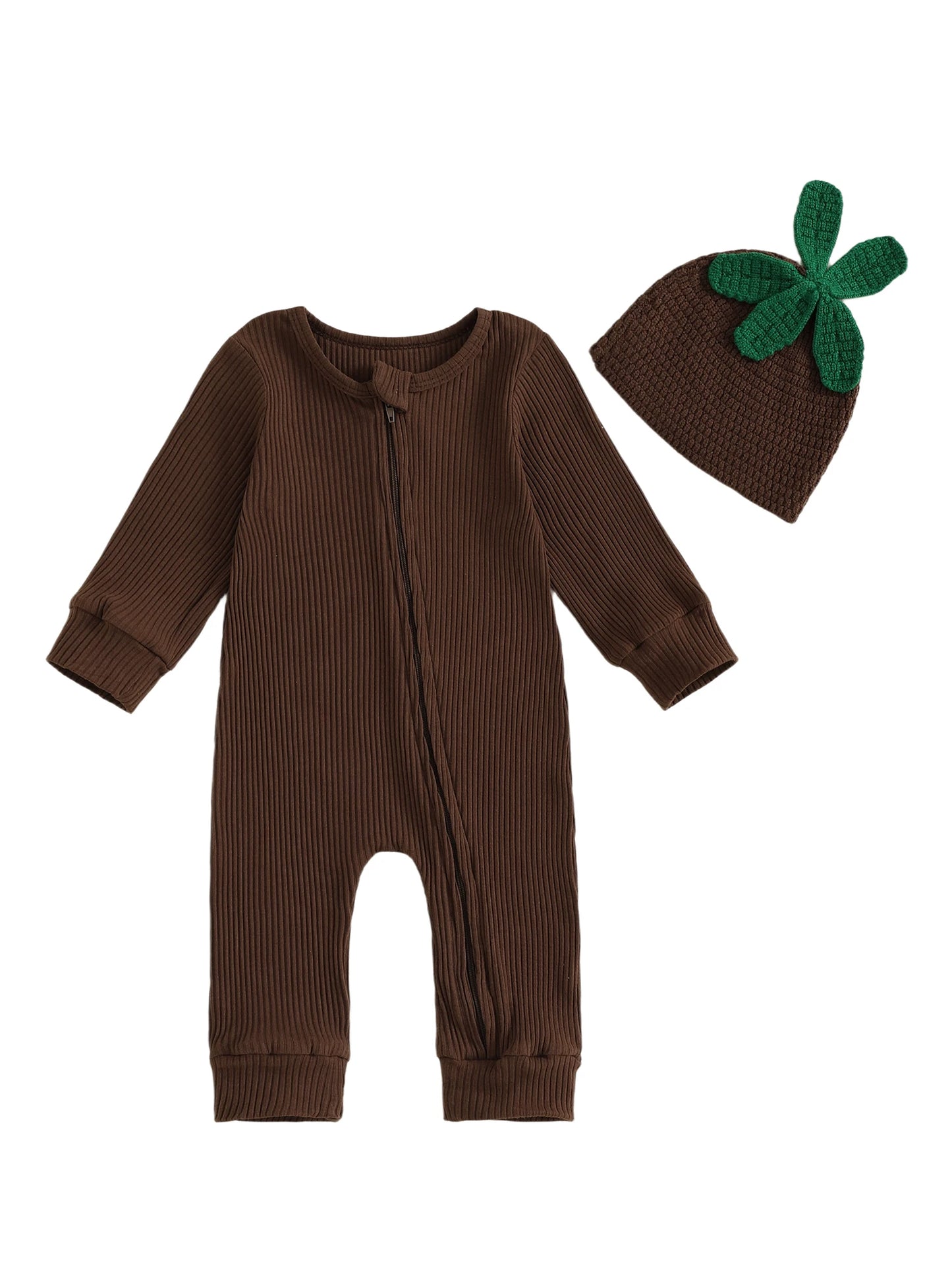 Infant Baby Boy Halloween Outfit Little Mandrake Jumpsuit Long Sleeve Ribbed Zipper Romper with Knit Hat Magic Baby Outfit