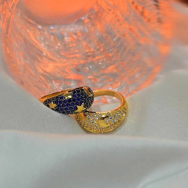 2025 Gold Color Rainbow Fashion Bling Moon Star Ring For Women Men Hip Hop Iced Out Paved Colorful Neon Enamel Luxury Jewelry