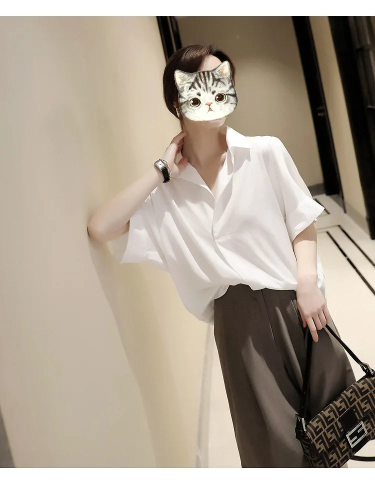 Women Summer Tops Tees Sexy Vintage Blouse Chiffon Ruched Short Sleeve Shirt Ruffles T Shirts Loose Casual Tees