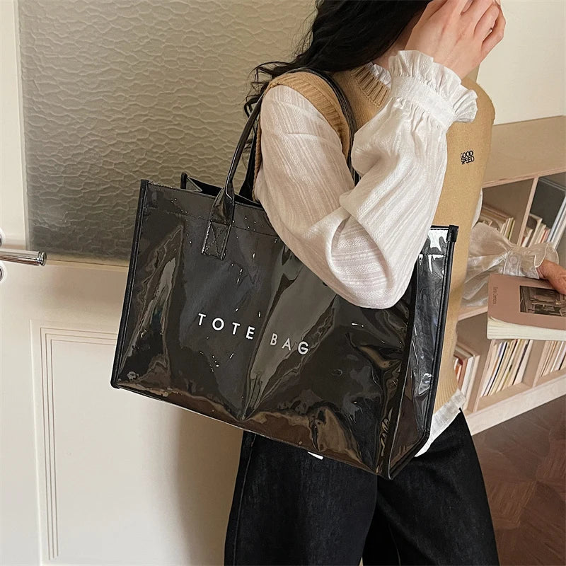 Women's Glossy Leather Tote Bag Letter Print Large Capacity Casual Commuter Shoulder Bag Fashion Daily Shopping Handbag 2026