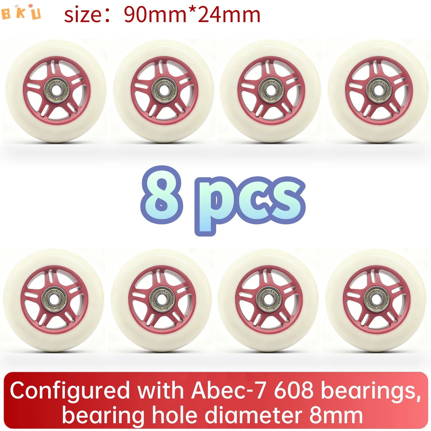 8pcs Universal 90mm PU Wheels for Inline Skates Luggage Stroller with ABEC-7 608 Bearings 12 Color Variants 8mm Inner Hole