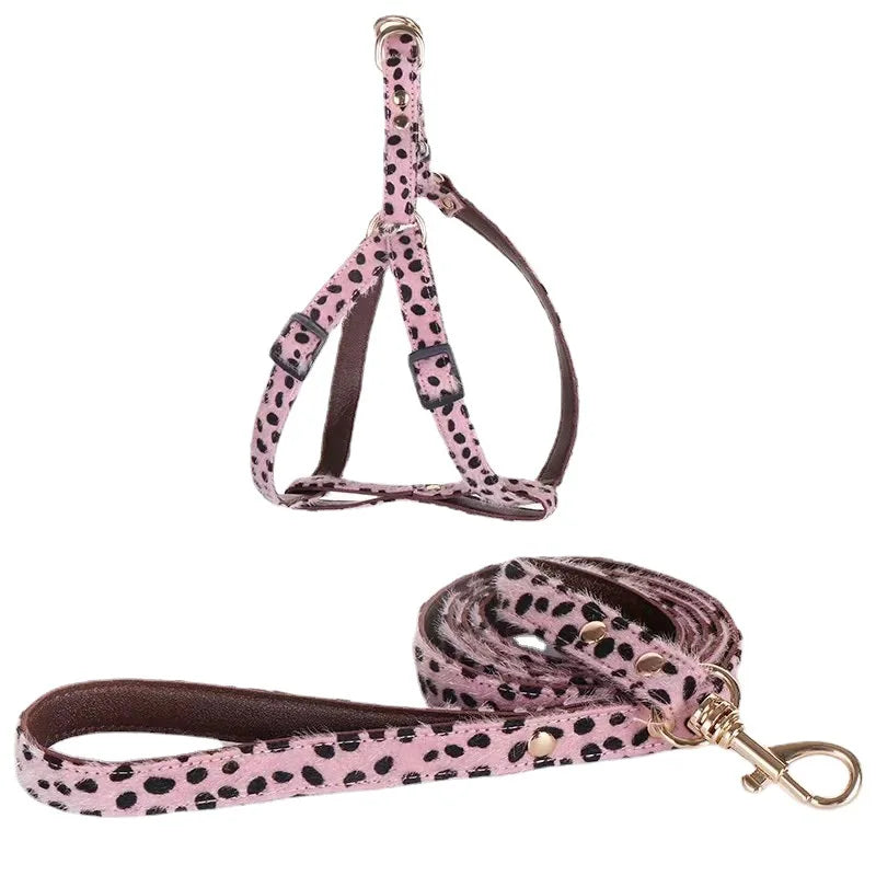 Leopard Print Dog Harness and Leash Set Adjustable - Stylish Dog Collar Pu Fashion Pet Walking Accessories for Small Dogs
