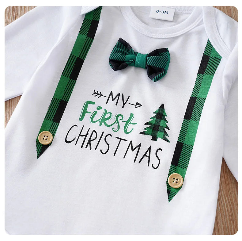 Christmas Newborn Baby sets 2pcs Autumn Green checkered print Gentleman's bow tie long-sleeved Unisex Fashion Baby clothes