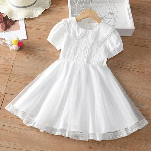 2025 New Summer Baby Girl Birthday Wedding Party Dress Short Sleeved Cotton Solid Color Dress 2-10Yrs Kids Princess Dresses