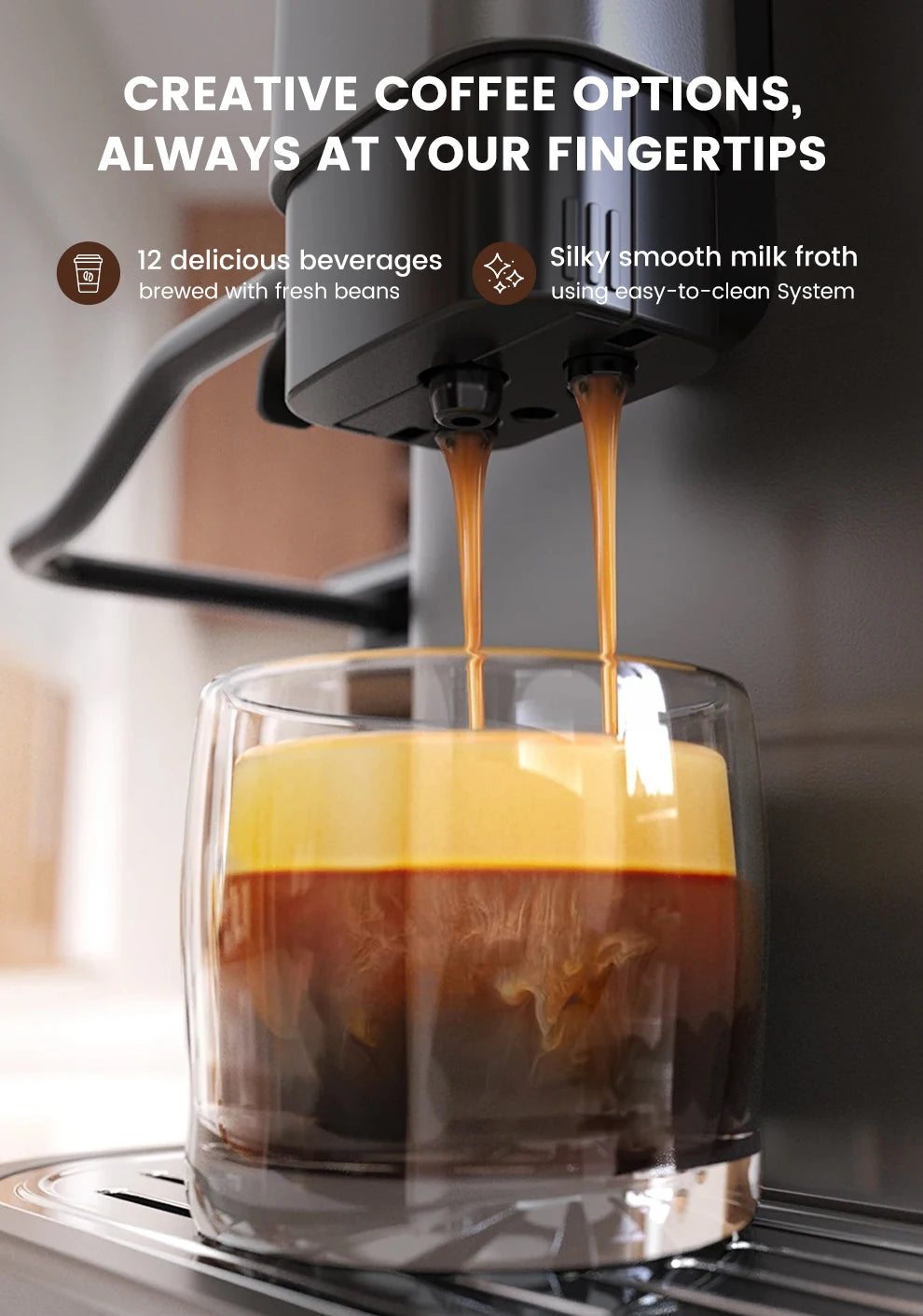 Mcilpoog WS-D5 Automatic Coffee Machine - Smart Wi-Fi , 12 Coffee Varieties, Touchscreen & Built-In Frother/1.5L Tank for Home