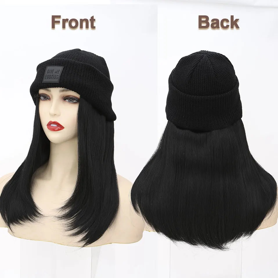 Hat Wig Knitted Beanie Wig Hat Hair Extension Straight Wig Hat Attached 11 Inch Synthetic Hairpiece for Women Girls Winter