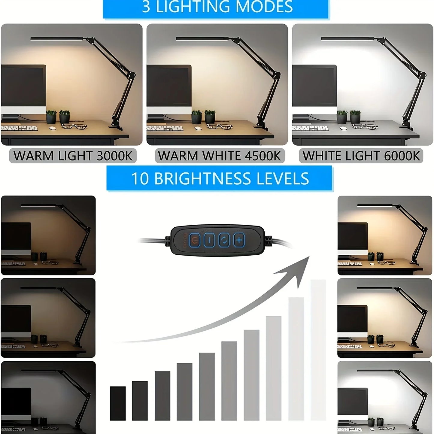 LED Desk Lamp 14W Eye-Caring Metal Swing Arm Desk Light with Clamp 3 Color Dimmable Table Light for Reading and Study Task Lamp