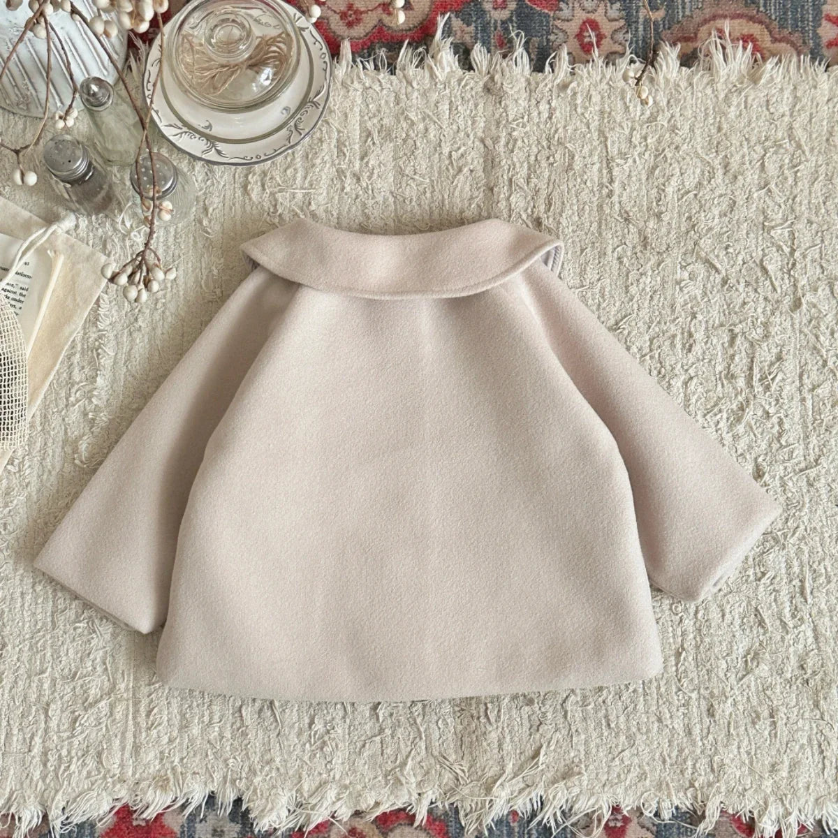 Soft Warm Baby Woolen Fabric Coat Beige/Camel Cute Sun Embroidery Lapel Jacket Infant Toddler Autumn Winter Going Out Outerwear