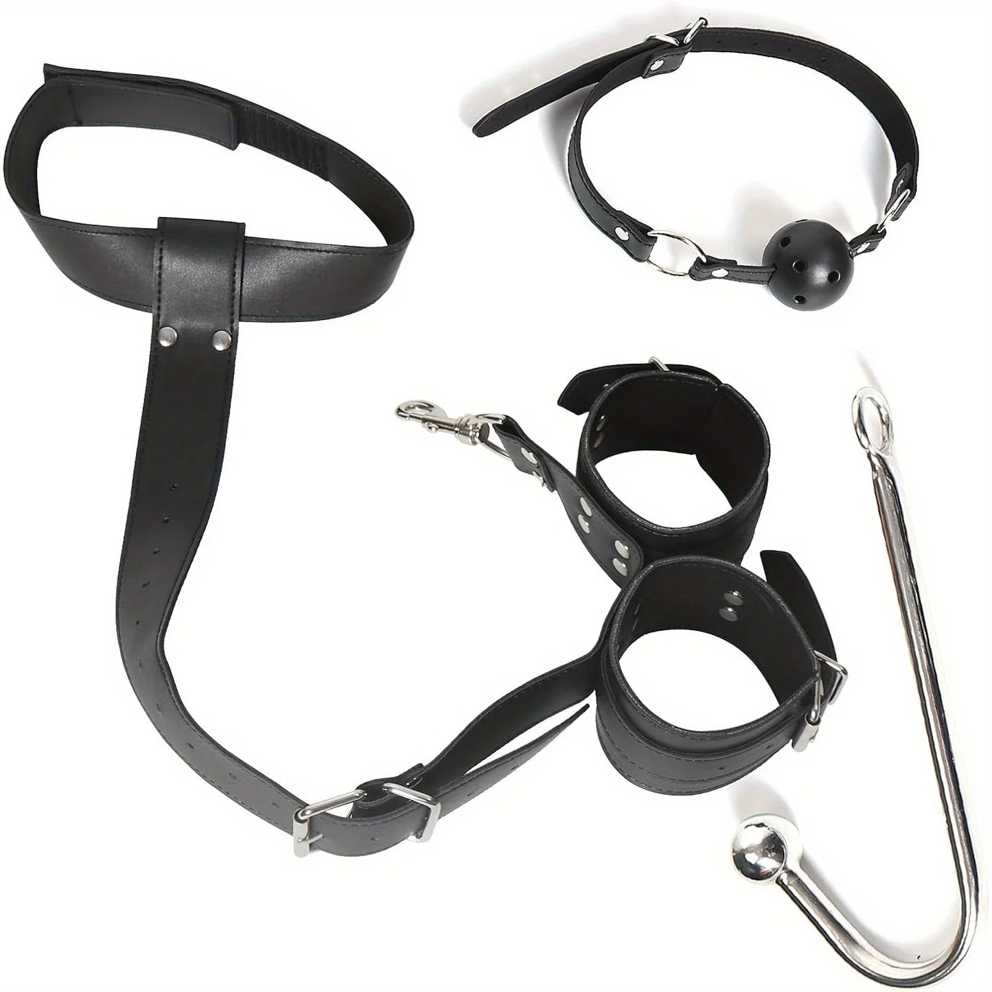 BDSM Bondage Kit Anal Hook, Neck to Wrist Behind Back Handcuffs Collar with Anal Trainer & Ball Gag, Bed Restraints SM Games Too