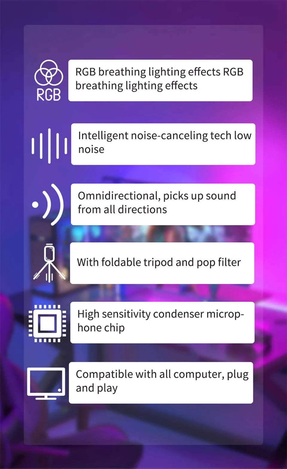 USB Microphone RGB Microfone Condensador Wire Gaming Mic for Podcast Recording Studio Streaming Laptop Desktop PC